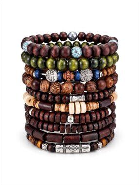 Handcrafted Wooden Beaded Bracelets Set Leather Waxed Thread Elastic Stackable